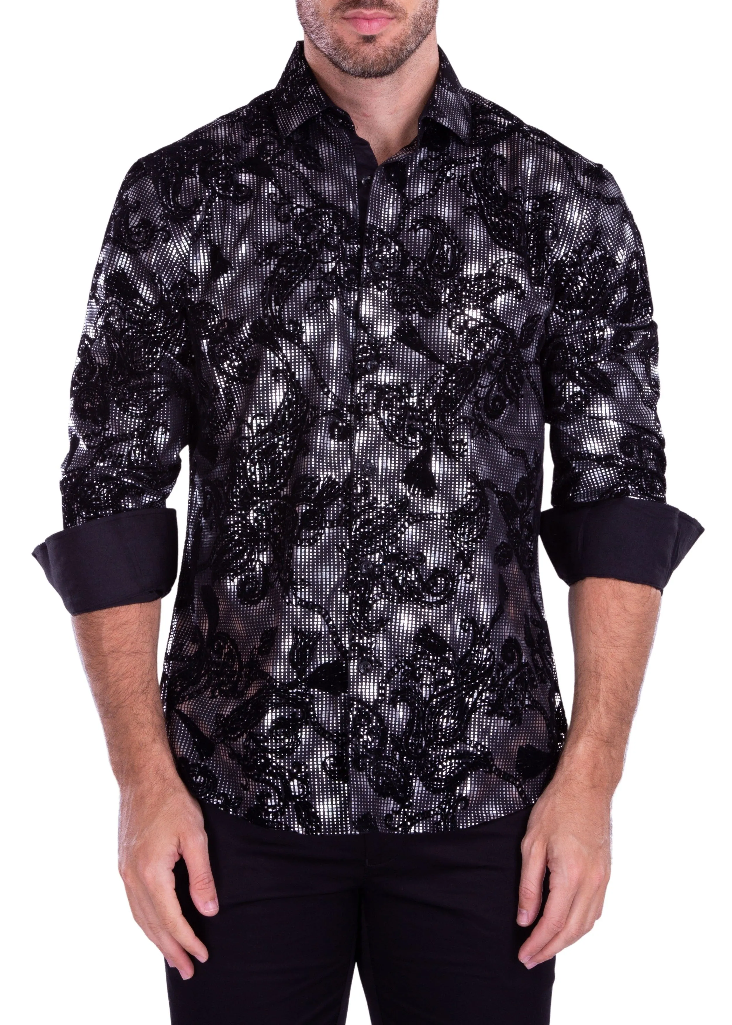Men's Silver Button Up Long Sleeve Dress Shirt