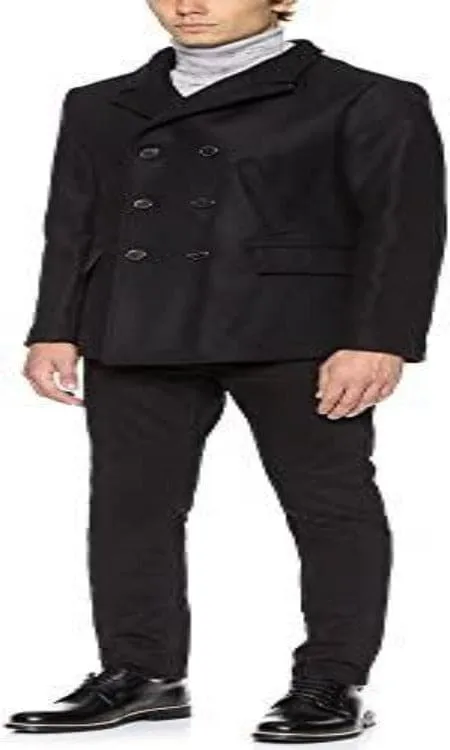 Men's Wool Double Breasted Bond Peacoat with Leather Details - Black