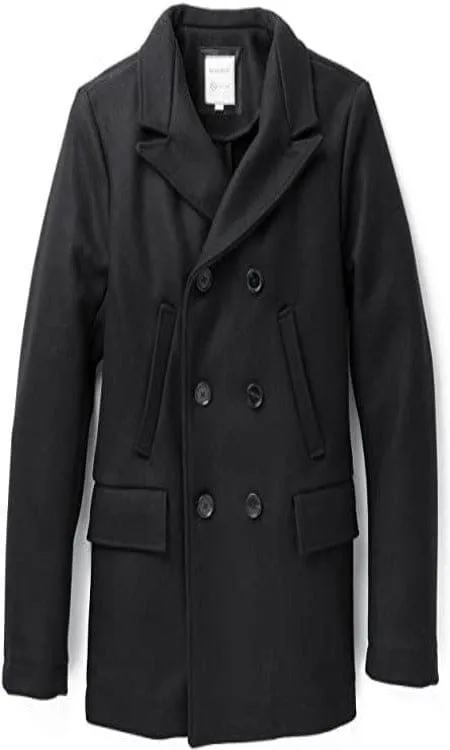 Men's Wool Double Breasted Bond Peacoat with Leather Details - Black