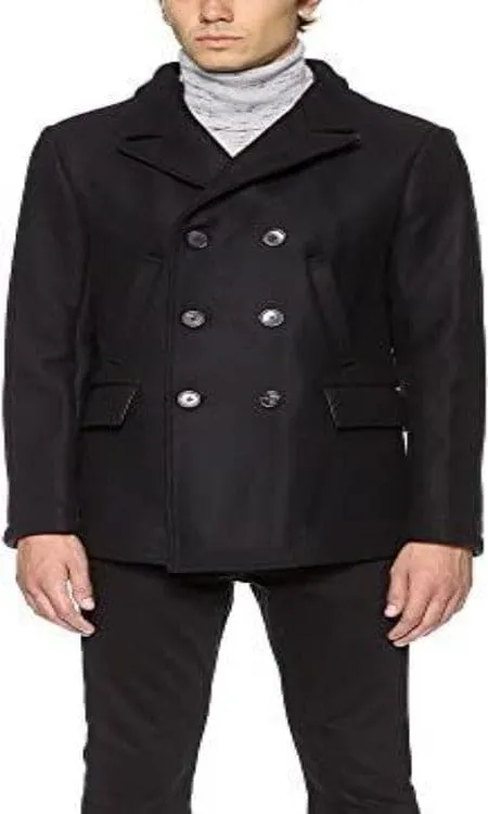 Men's Wool Double Breasted Bond Peacoat with Leather Details - Black