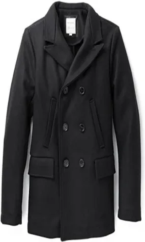 Men's Wool Double Breasted Bond Peacoat with Leather Details - Black