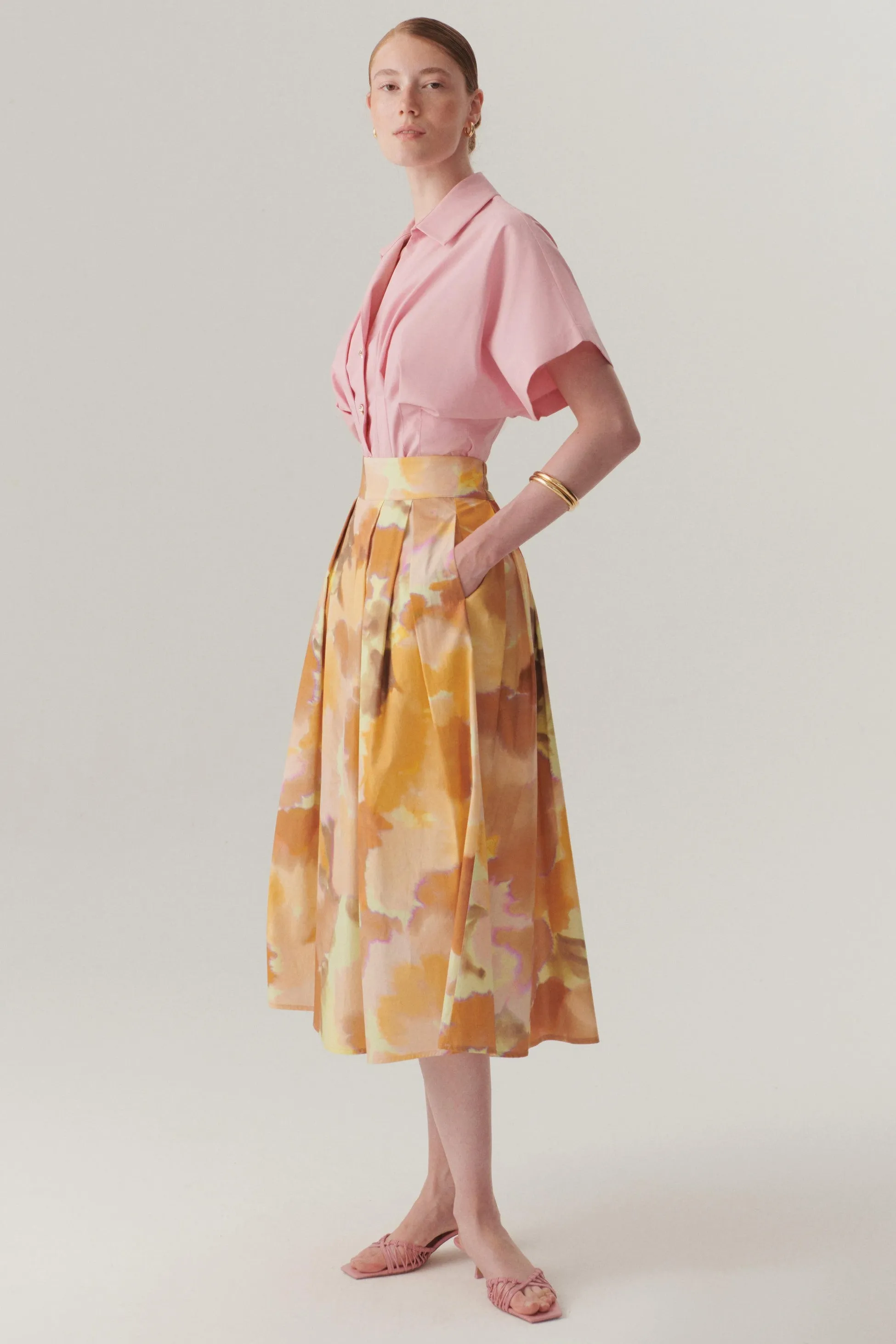 Multicolor Watercolor Print Pleated Midi Skirt