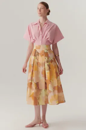 Multicolor Watercolor Print Pleated Midi Skirt