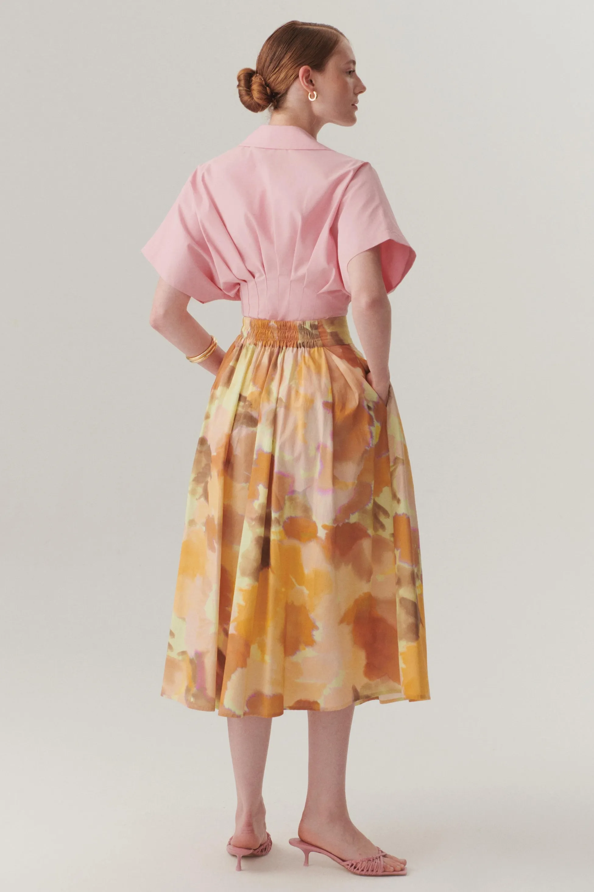 Multicolor Watercolor Print Pleated Midi Skirt