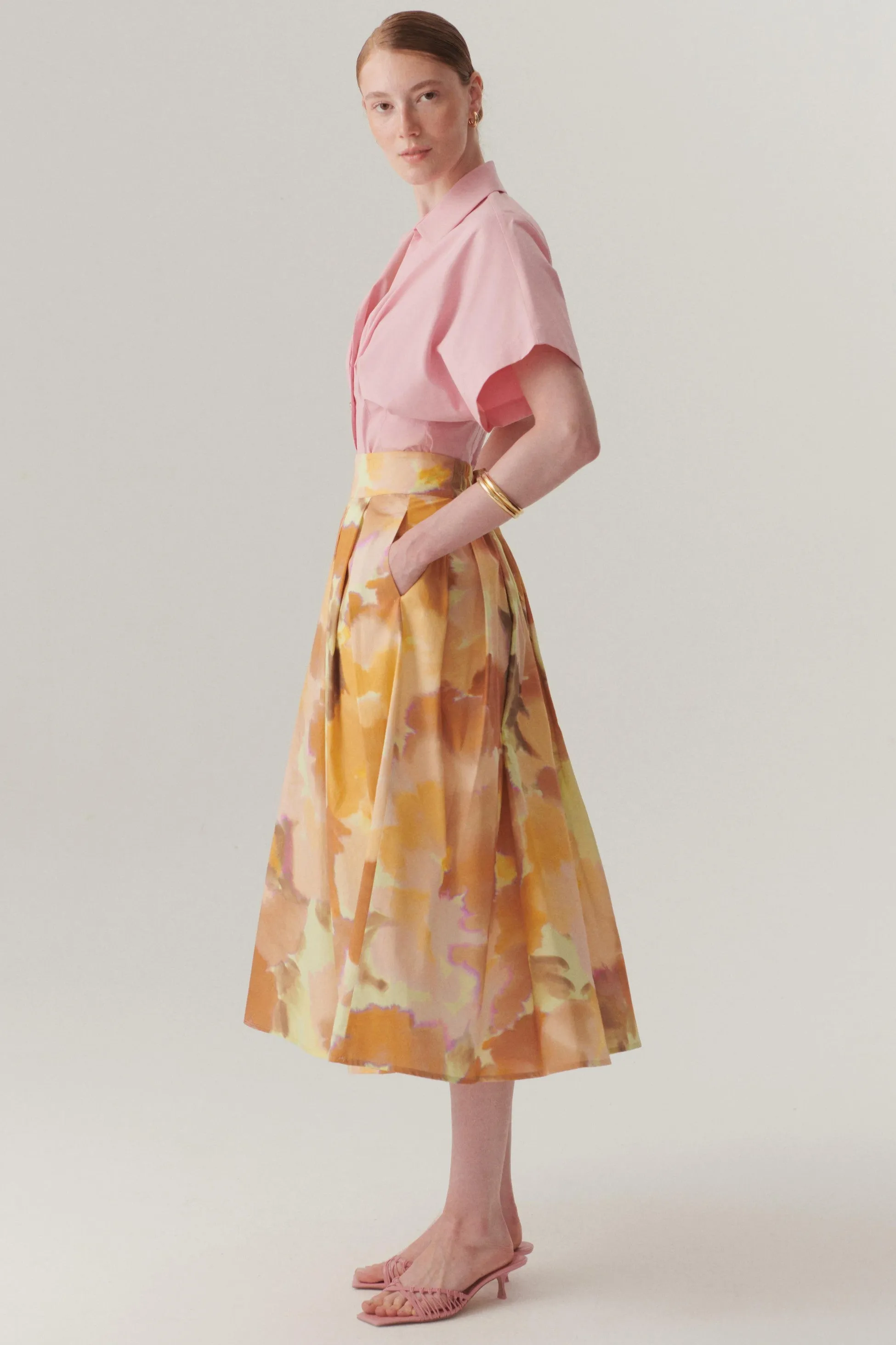 Multicolor Watercolor Print Pleated Midi Skirt
