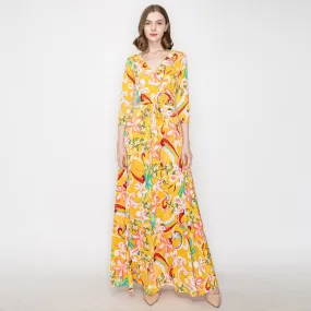 Mustard Hibiscus Bliss Venechia Maxi Wrap Dress