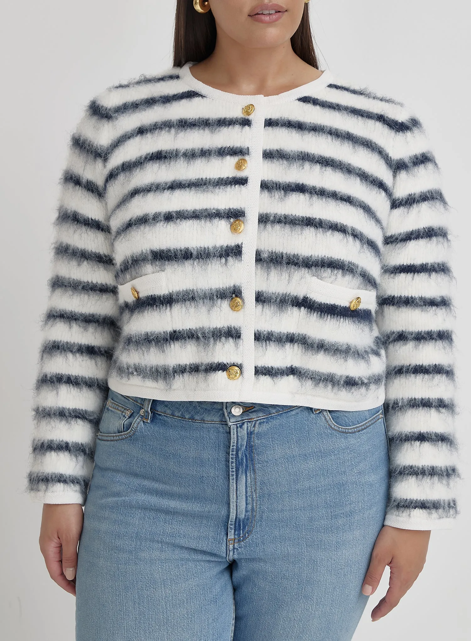Navy And Cream Plus Size Stripe Cardigan- Janae