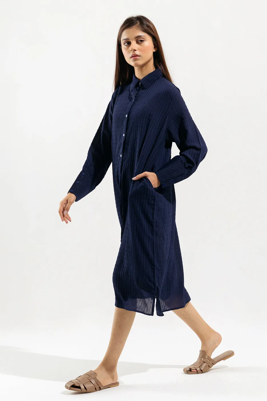 NAVY BLUE TEXTURED LONG TUNIC