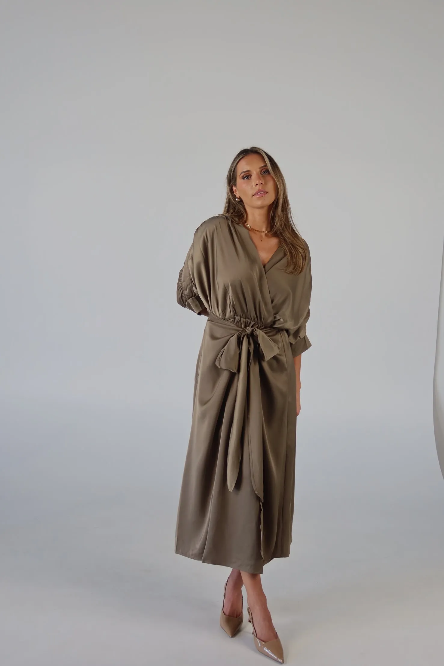 Olive Satin Wrap Midi Dress