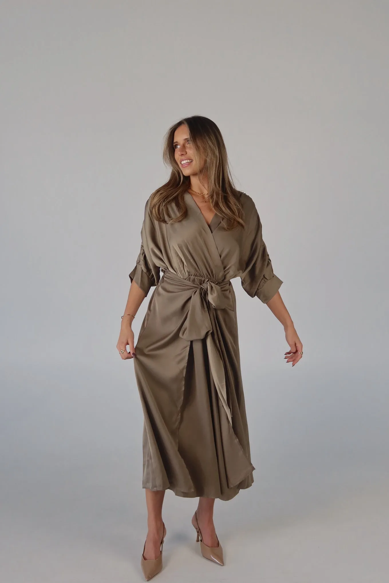 Olive Satin Wrap Midi Dress