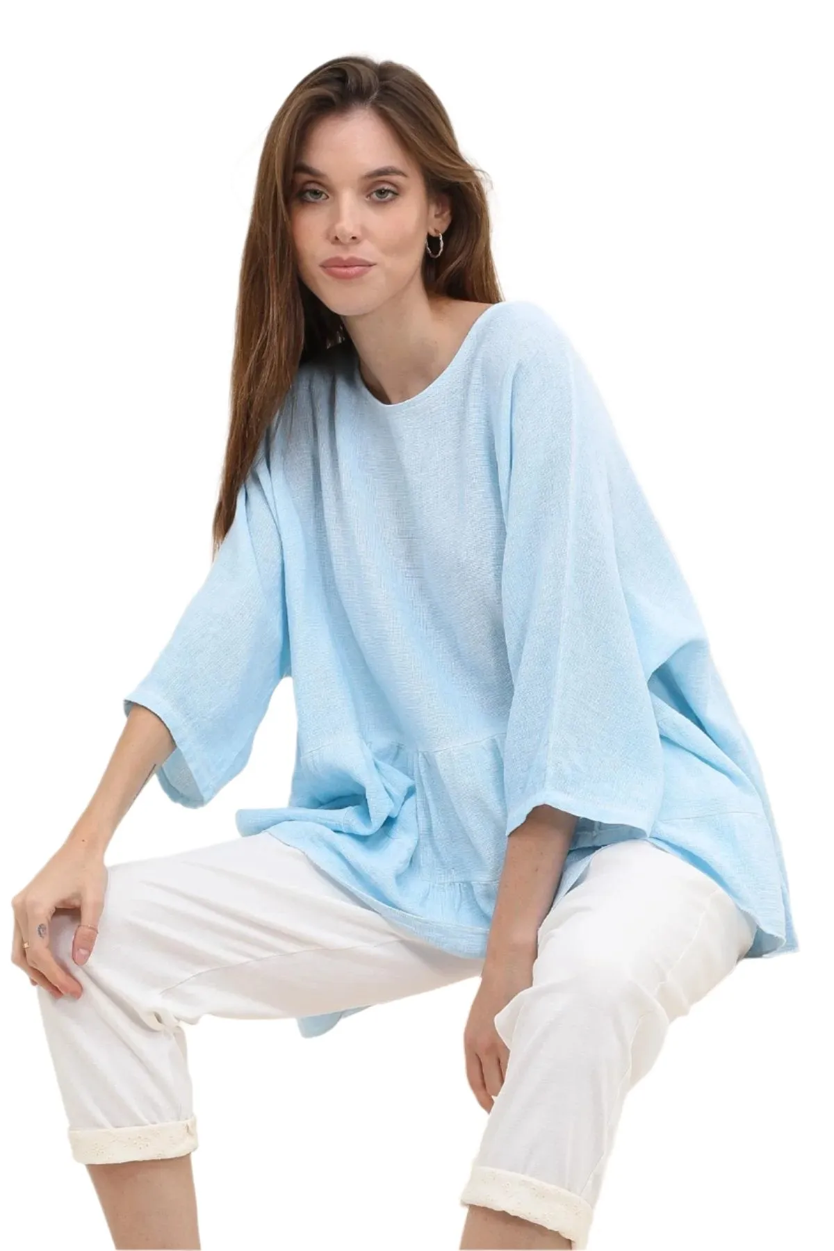 One Size Washed Linen Cotton Mix Loose Italian Tunic Top