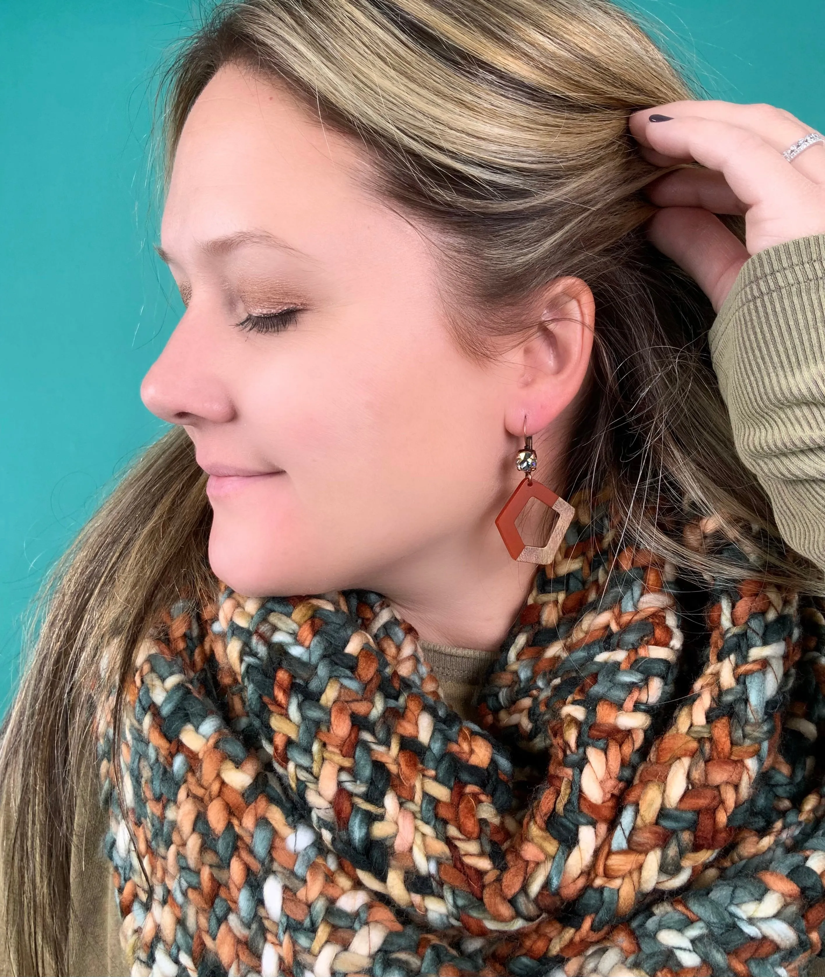 Orange Geometric Wood Earrings