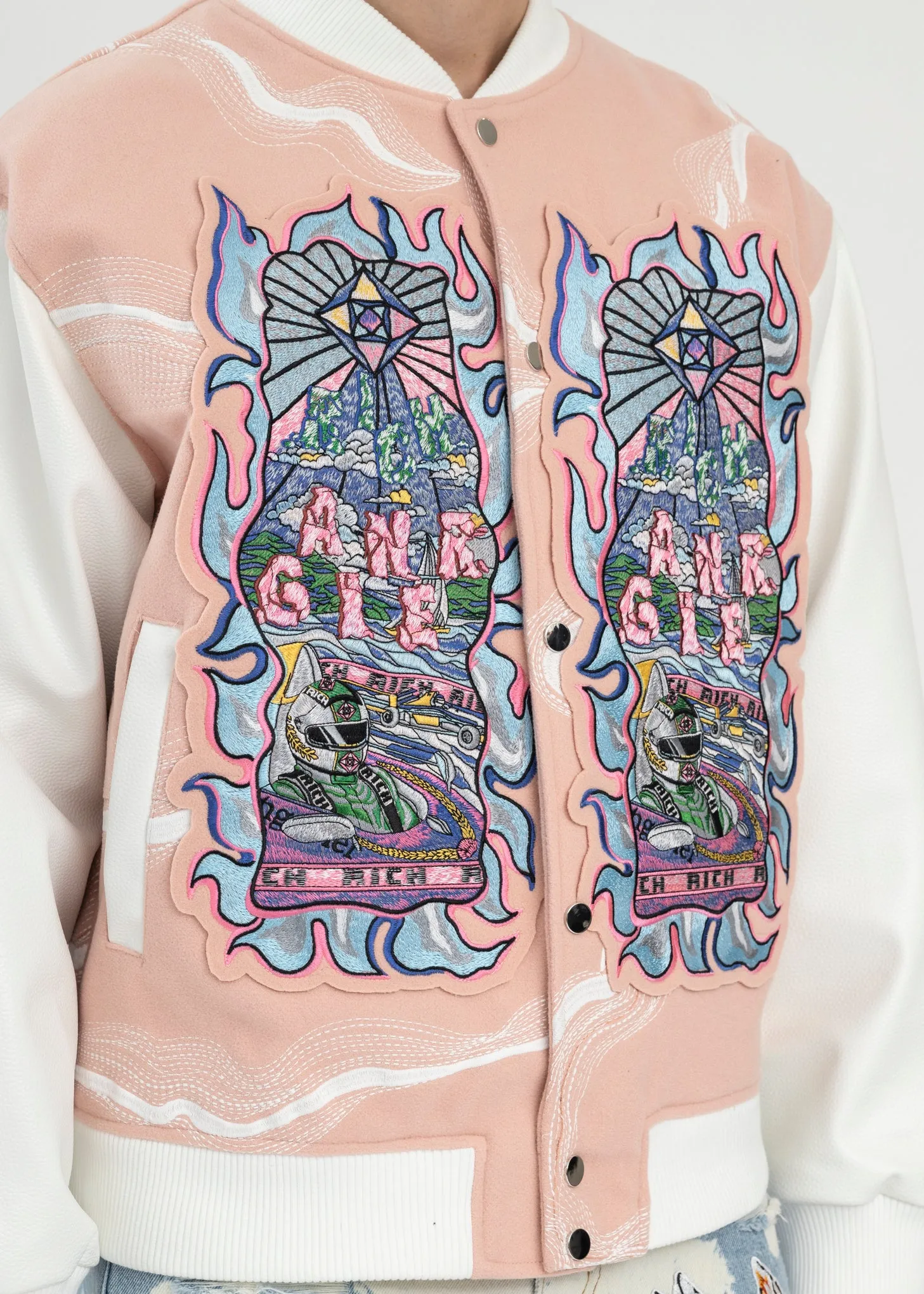 PINK EMBROIDERY PATCHWORK  BOMBER JACKET