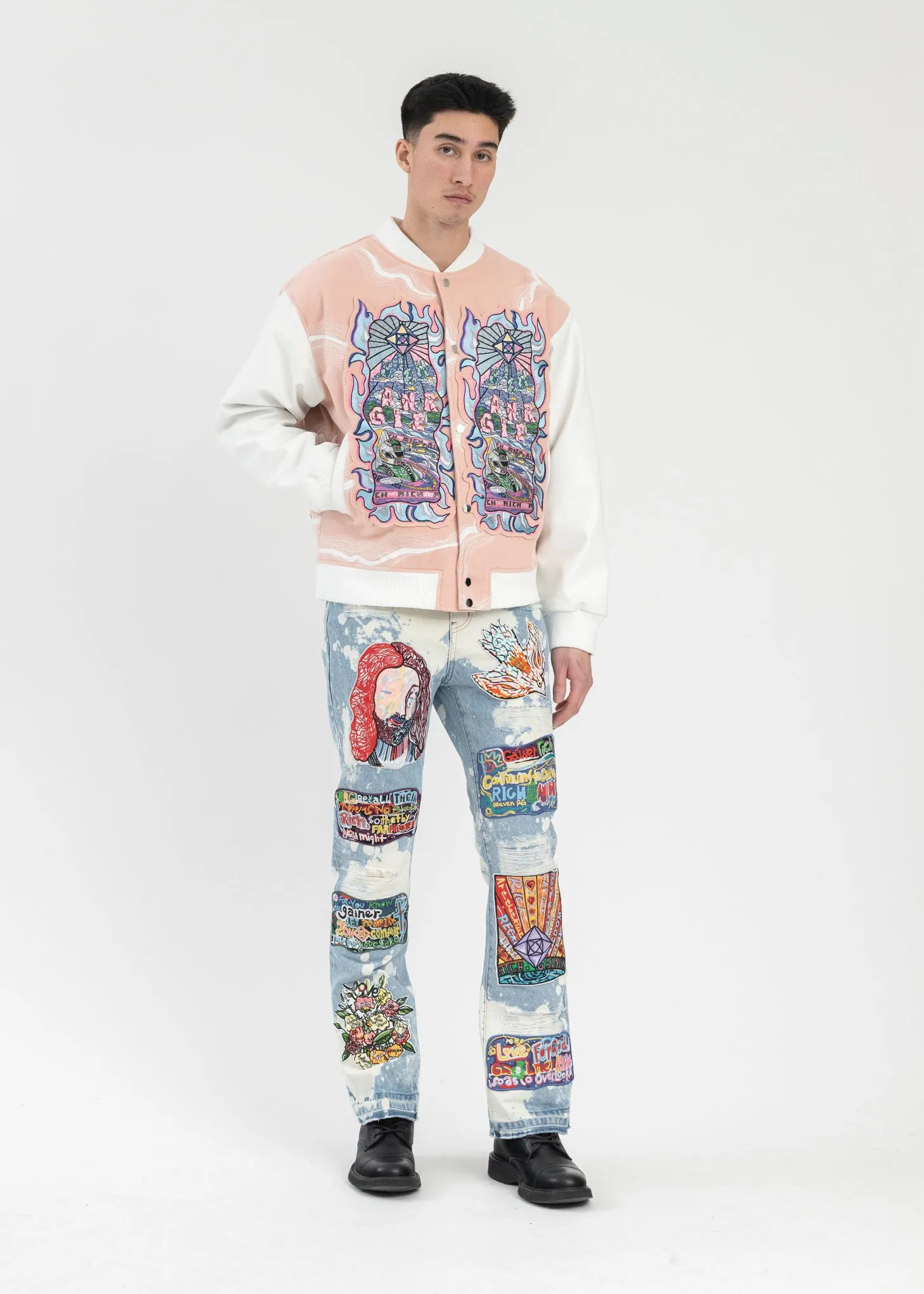 PINK EMBROIDERY PATCHWORK  BOMBER JACKET