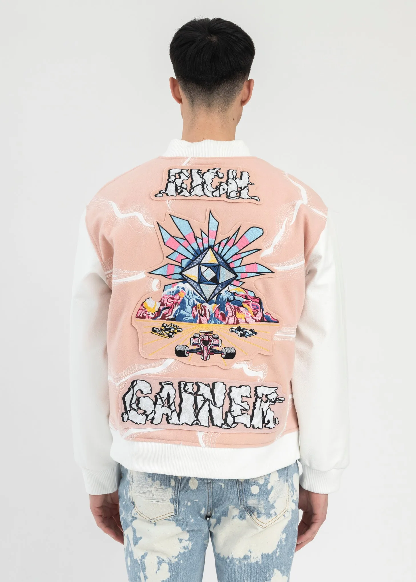 PINK EMBROIDERY PATCHWORK  BOMBER JACKET