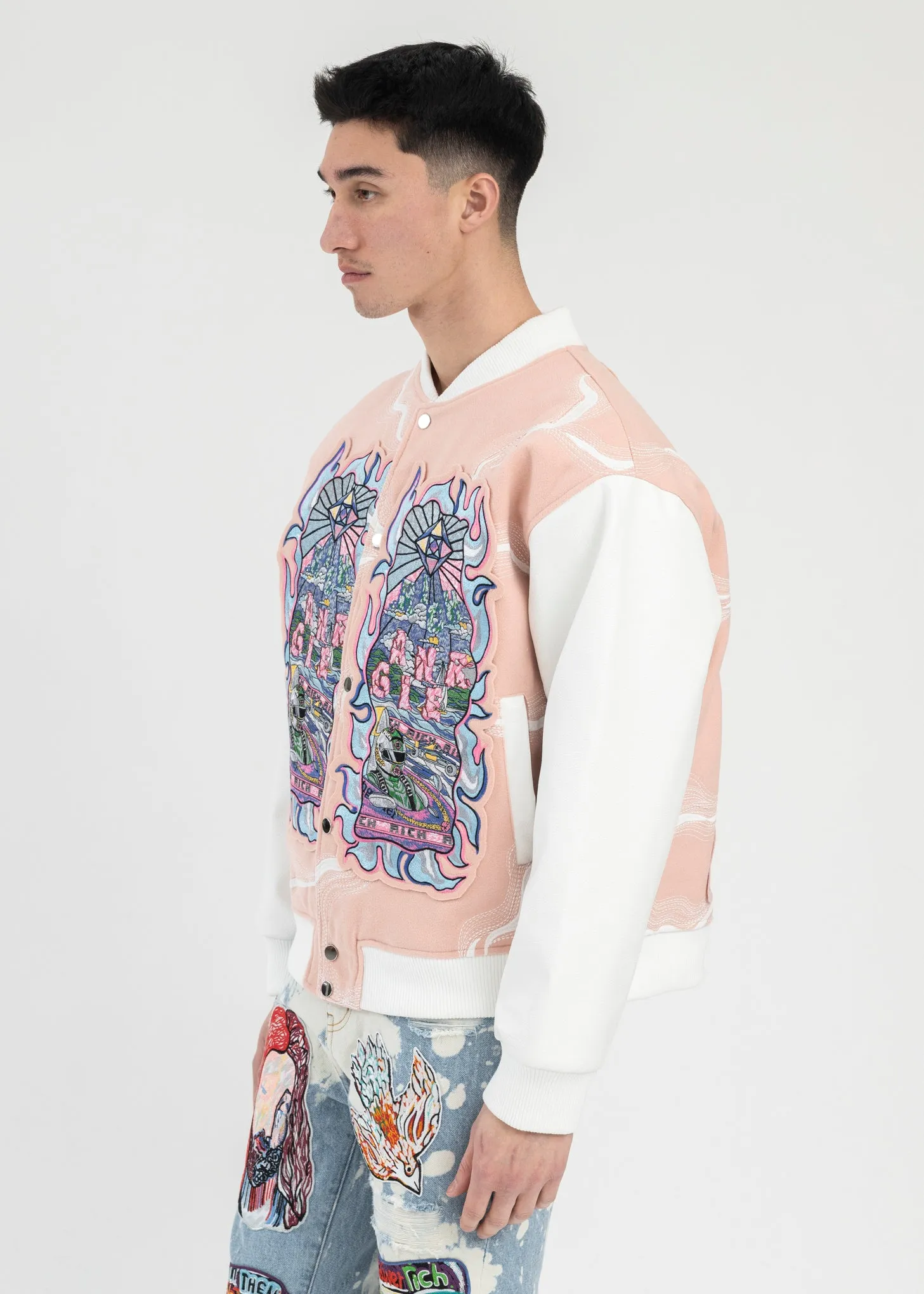 PINK EMBROIDERY PATCHWORK  BOMBER JACKET