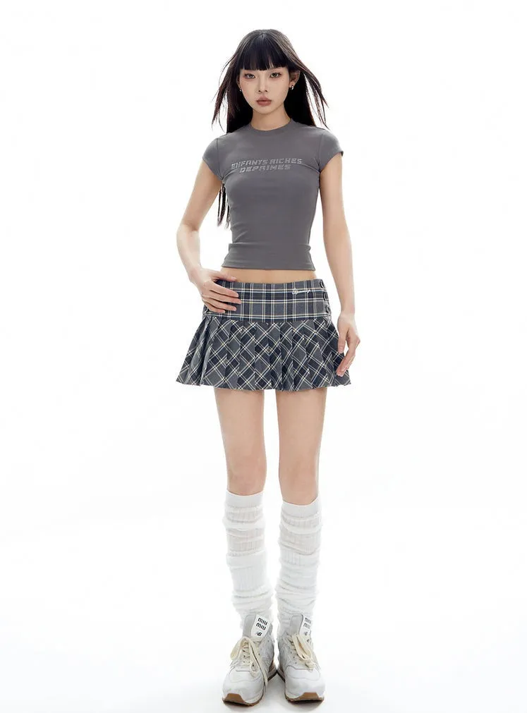 Pleated Plaid Mini Skirt with Side Buttons