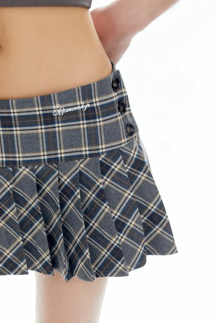 Pleated Plaid Mini Skirt with Side Buttons
