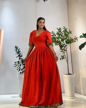 Polished Look with Red Traditional Ethiopian Dress: Short Sleeved Modern Habesha Dress Elegant Habesha Kemis