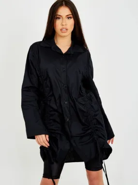 Rachelle Drawstring Ruched Buttoned Shirt Dress In Black