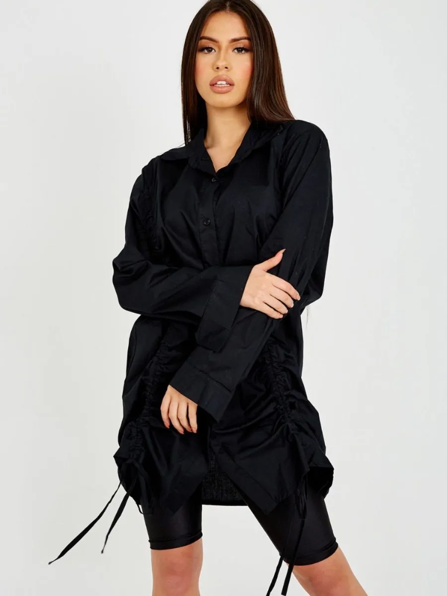 Rachelle Drawstring Ruched Buttoned Shirt Dress In Black
