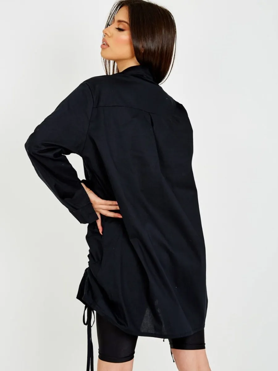 Rachelle Drawstring Ruched Buttoned Shirt Dress In Black