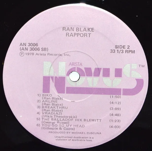 Ran Blake - Rapport (LP, Album) (NM or M-)