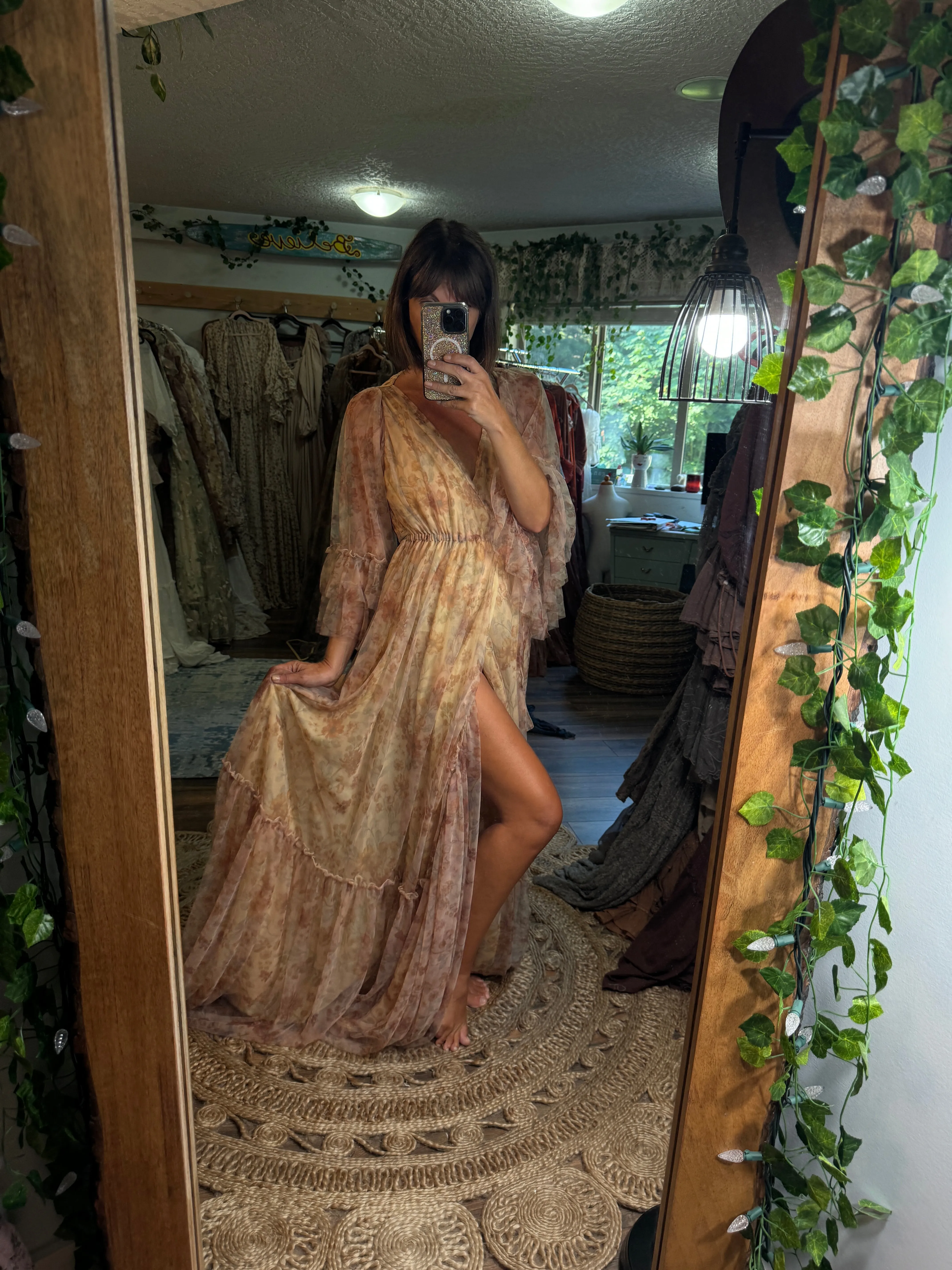 Ready to ship wrap me in goodness dress daisy print lined in sand chiffon