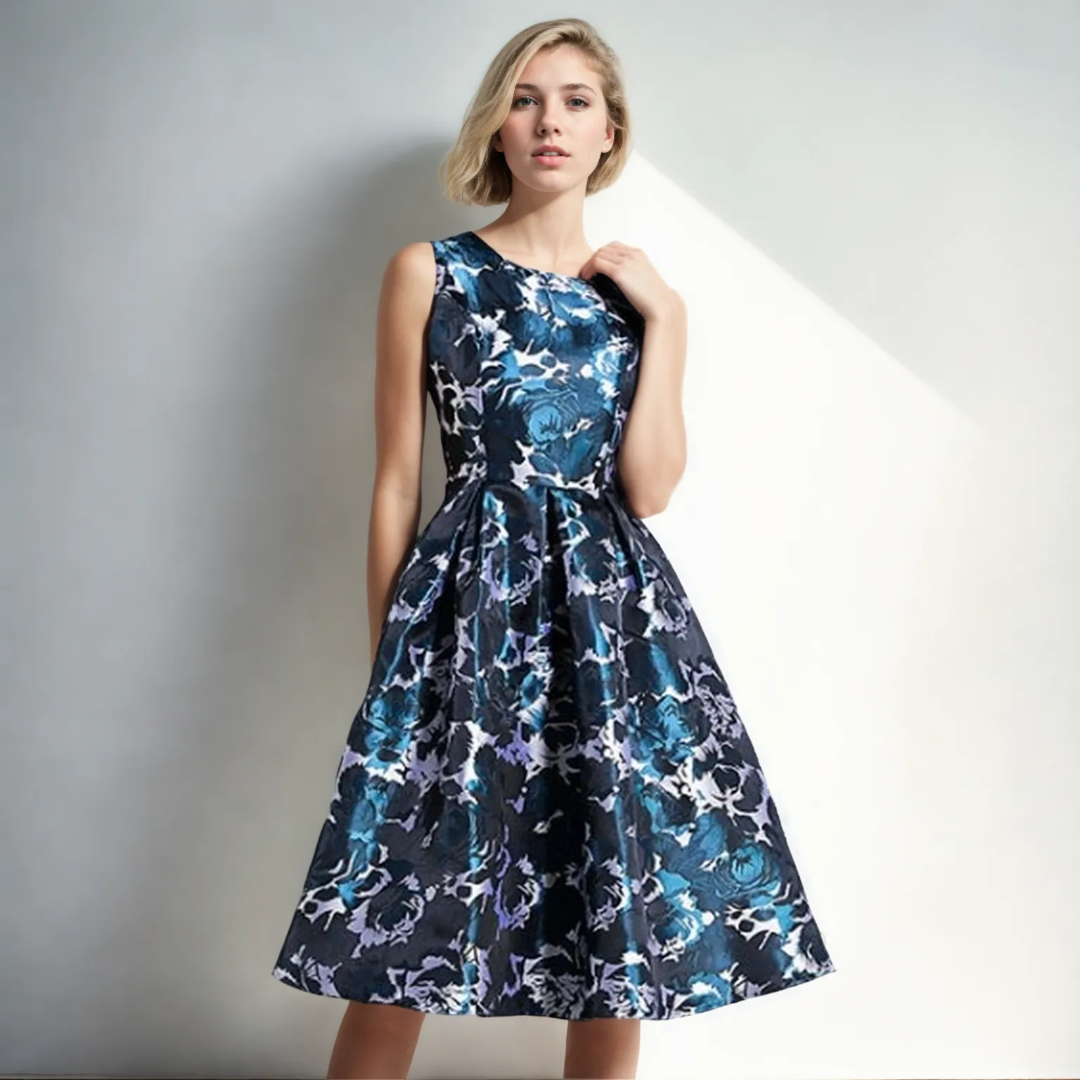 Regal Bloom: Blue Floral Jacquard Sleeveless Dress