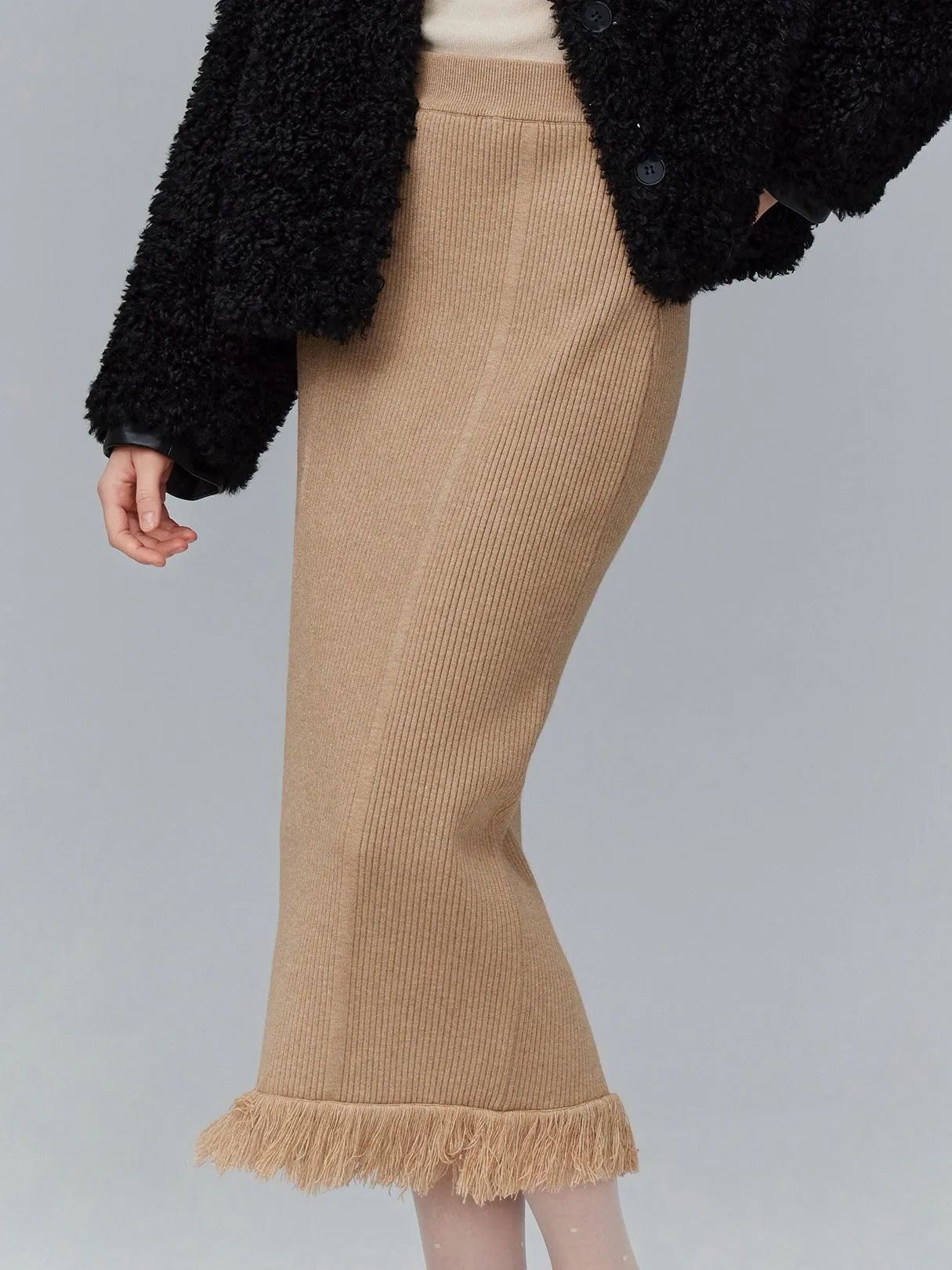 Rib-Knit Long  Tassel Plain Simple Retro Knit-Skirt