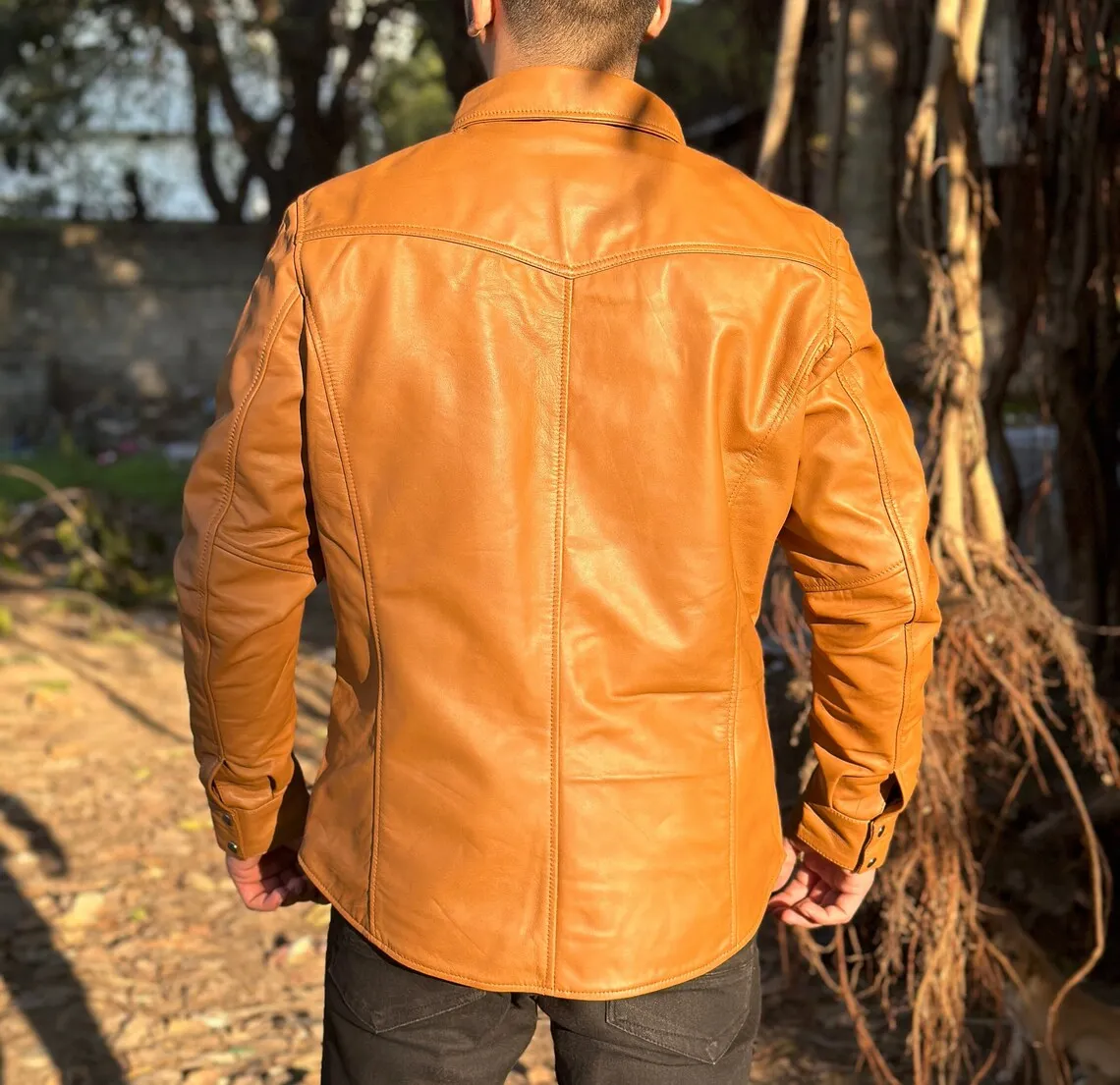 Rocky Genuine Tan Leather Shirt Jacket Men Biker Motorcycle