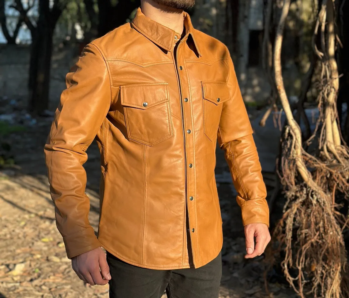 Rocky Genuine Tan Leather Shirt Jacket Men Biker Motorcycle