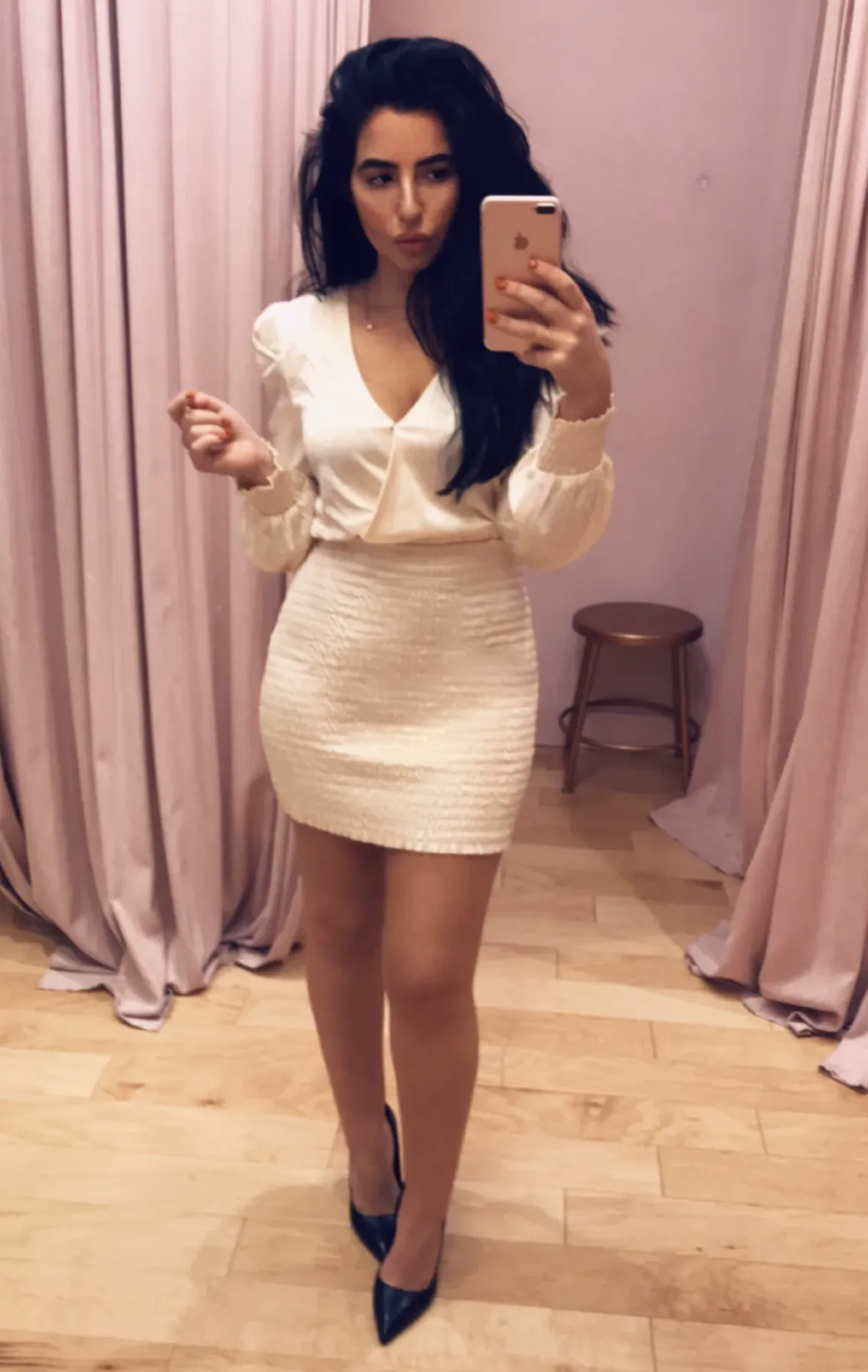 Satin Bishop Sleeve Faux Wrap Smocked Mini Dress