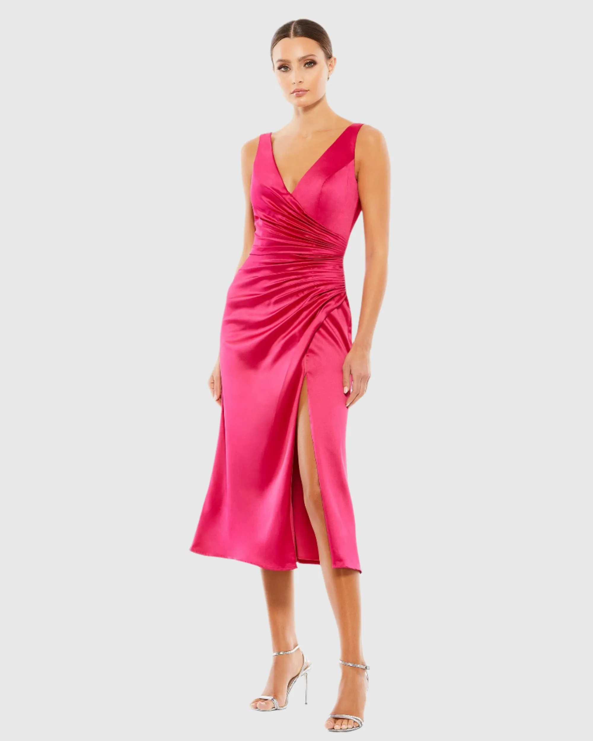 Satin Ruched V-Neck Faux Wrap Midi Dress