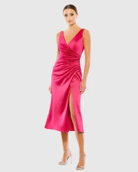 Satin Ruched V-Neck Faux Wrap Midi Dress