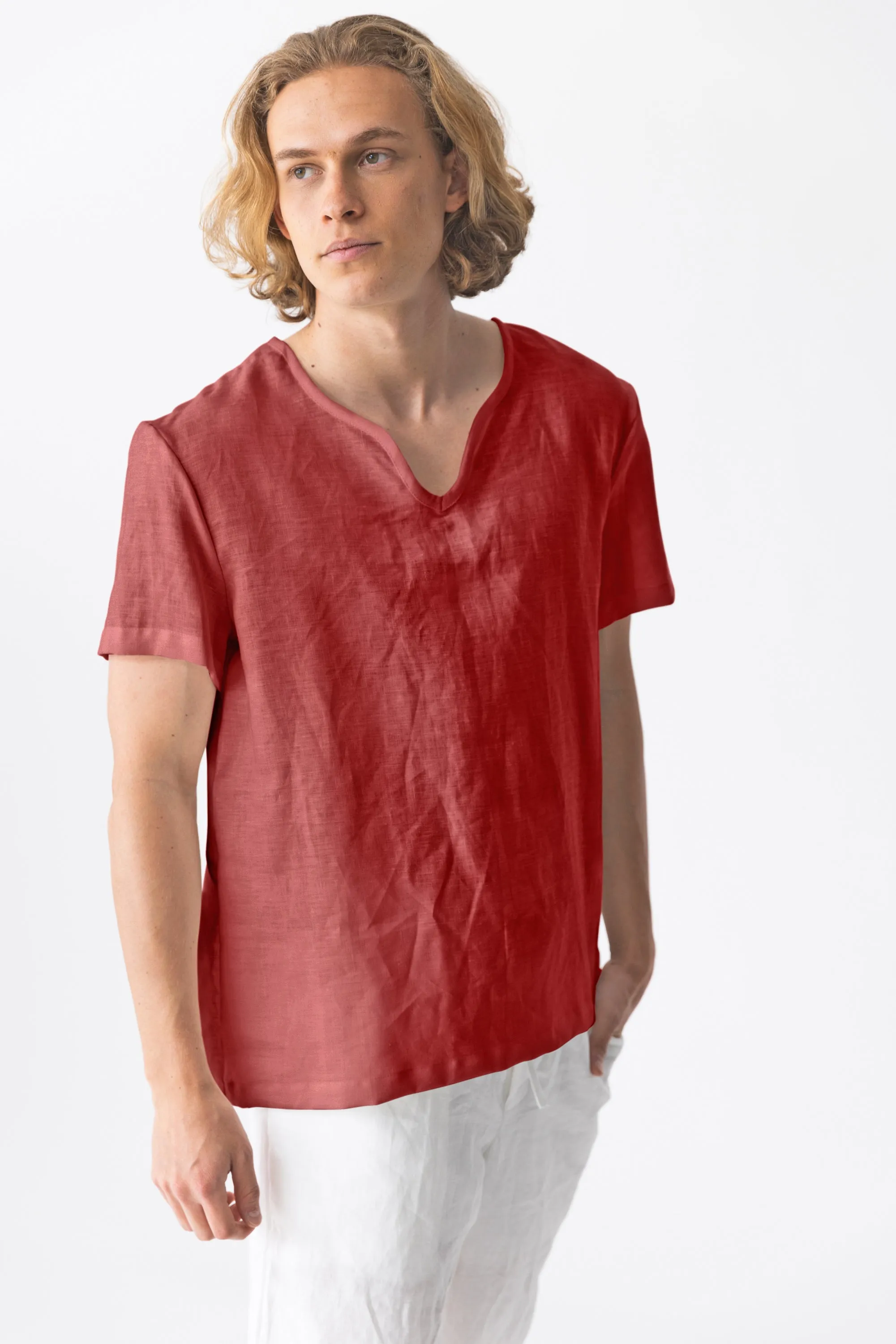 Short-sleeved linen tunic red brick - Marcelo