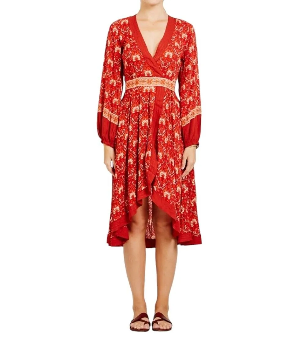 Spell and The Gypsy Collective | Soiree Dress, Red, Long Sleeve, Floral, Boho