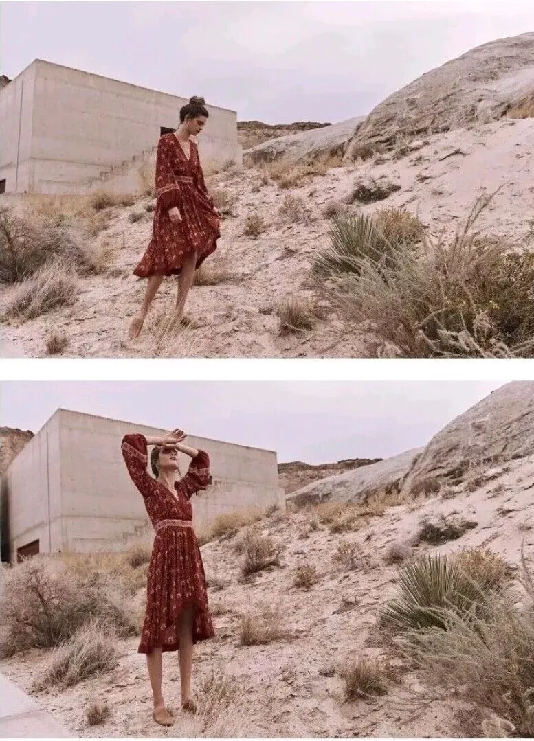 Spell and The Gypsy Collective | Soiree Dress, Red, Long Sleeve, Floral, Boho