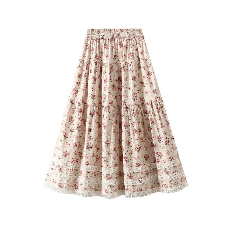 Spring Lace Stitching Pastoral Floral Skirt