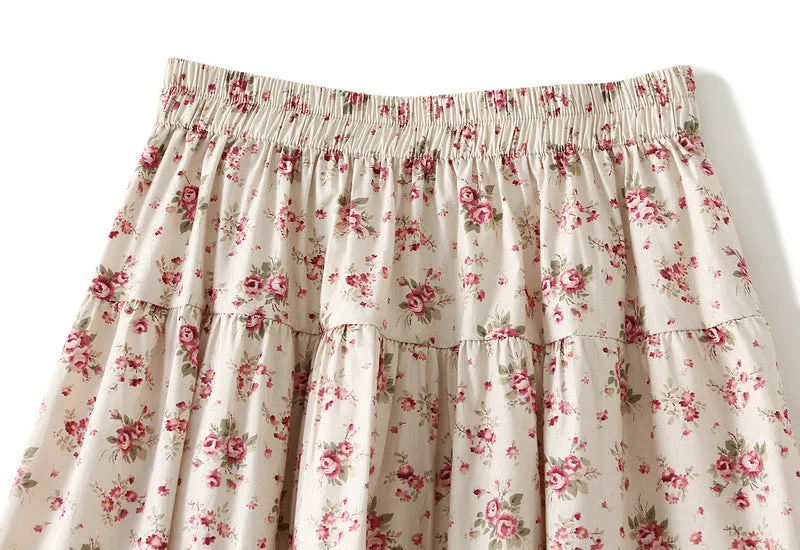 Spring Lace Stitching Pastoral Floral Skirt