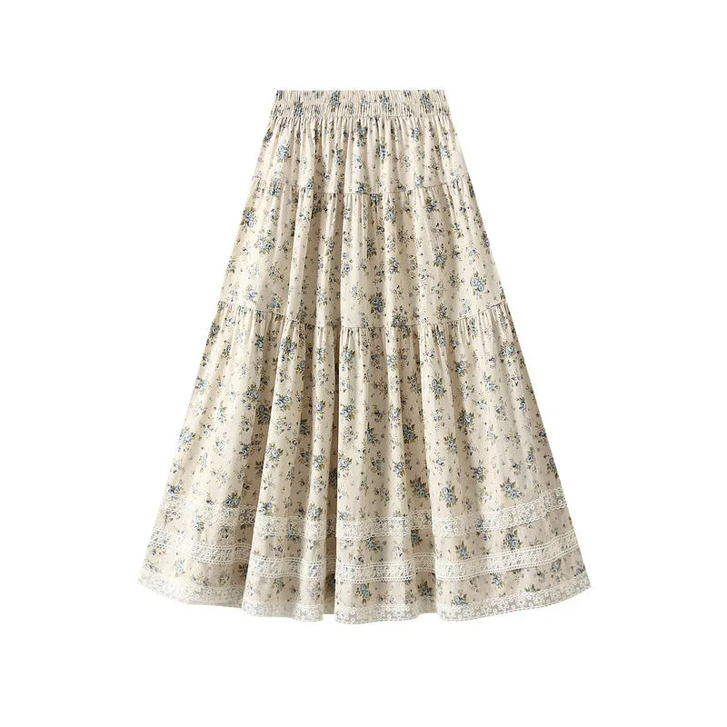 Spring Lace Stitching Pastoral Floral Skirt
