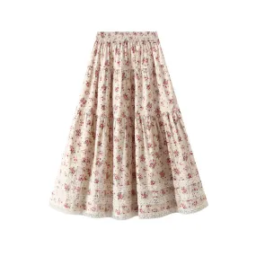 Spring Lace Stitching Pastoral Floral Skirt