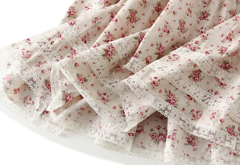 Spring Lace Stitching Pastoral Floral Skirt