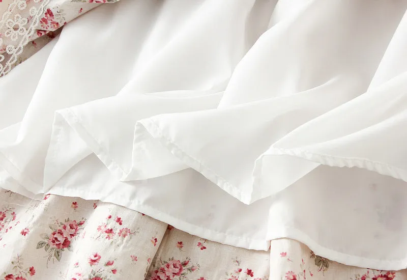 Spring Lace Stitching Pastoral Floral Skirt