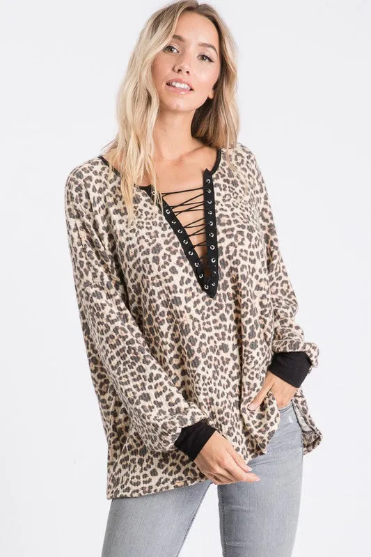 Stefany Leopard Brushed Waffle Knit Tunic Top
