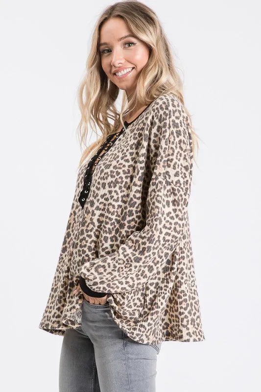 Stefany Leopard Brushed Waffle Knit Tunic Top