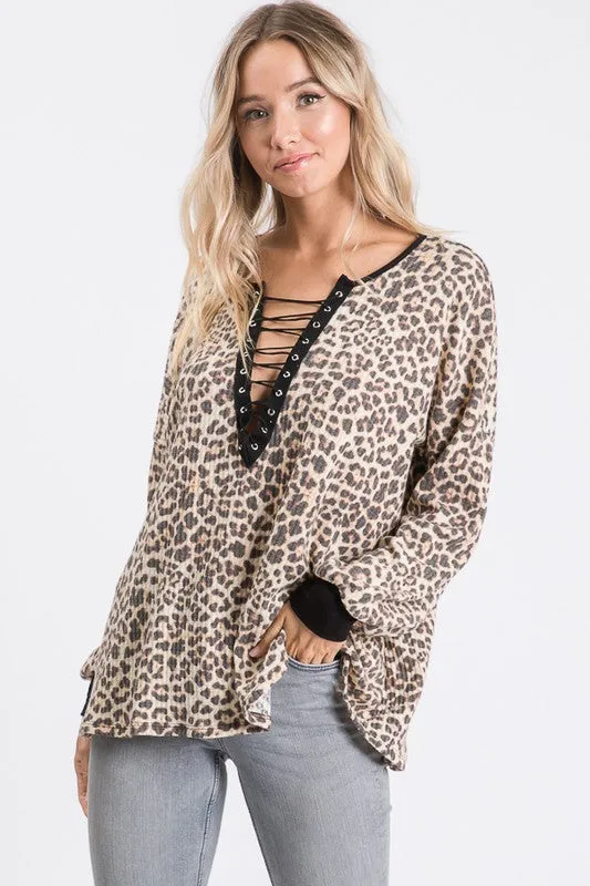 Stefany Leopard Brushed Waffle Knit Tunic Top