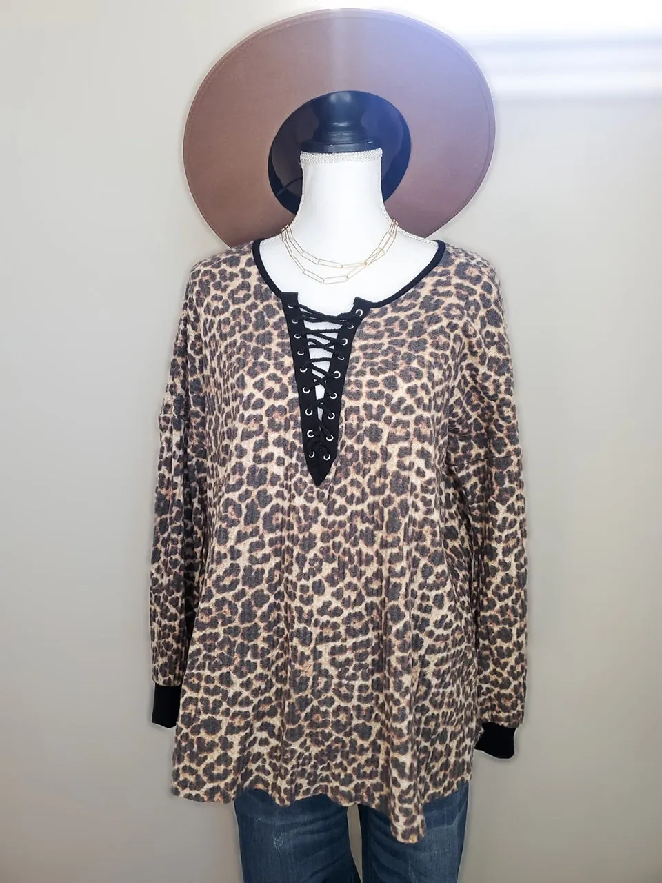 Stefany Leopard Brushed Waffle Knit Tunic Top