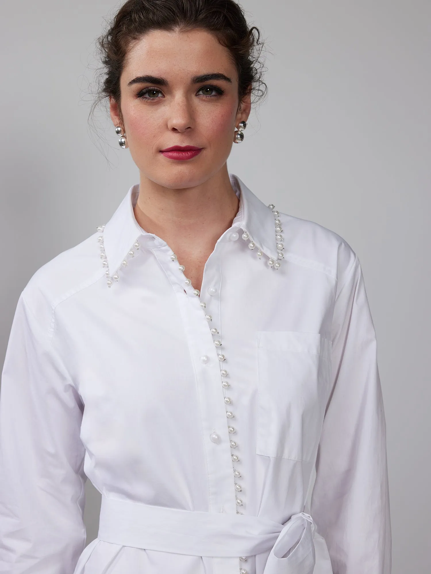 Striped Pearl Trim Poplin Shirt Dress