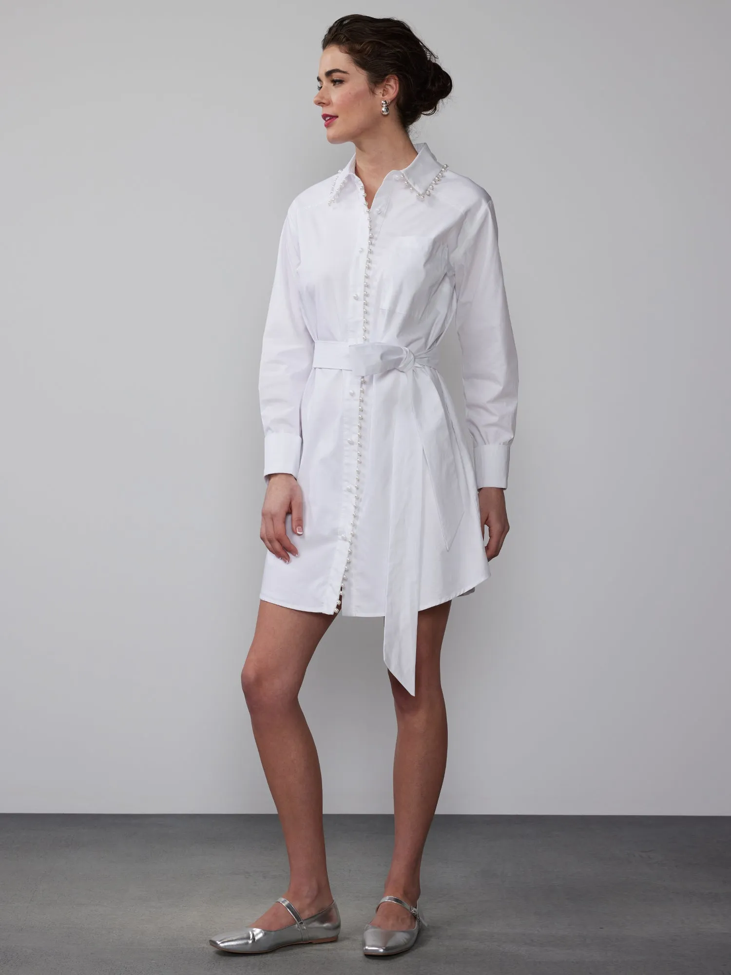 Striped Pearl Trim Poplin Shirt Dress